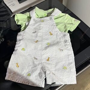 Little Me Green and White Seersucker Overalls Set